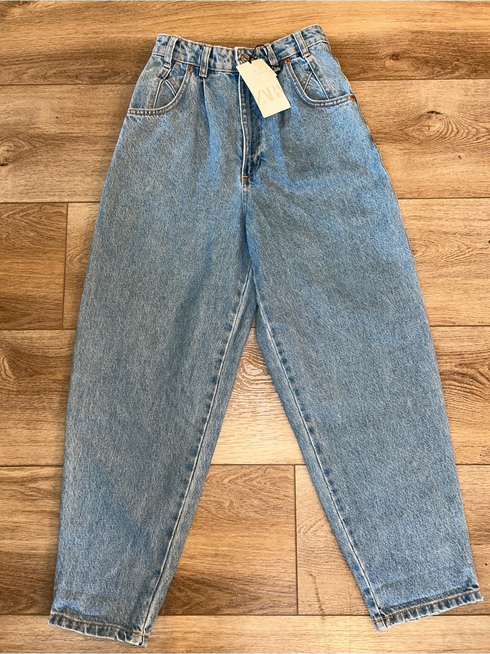 Zara High Rise Pleated Slouchy Barrel Light Blue Boyfriend Jeans
